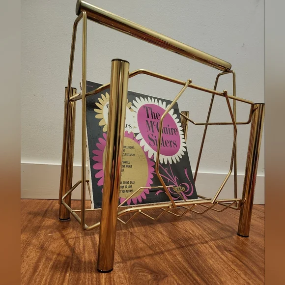 Large Vintage Mid Cenury Modern Brass Standing Magazine Rack Record Storage - Picture 8 of 8